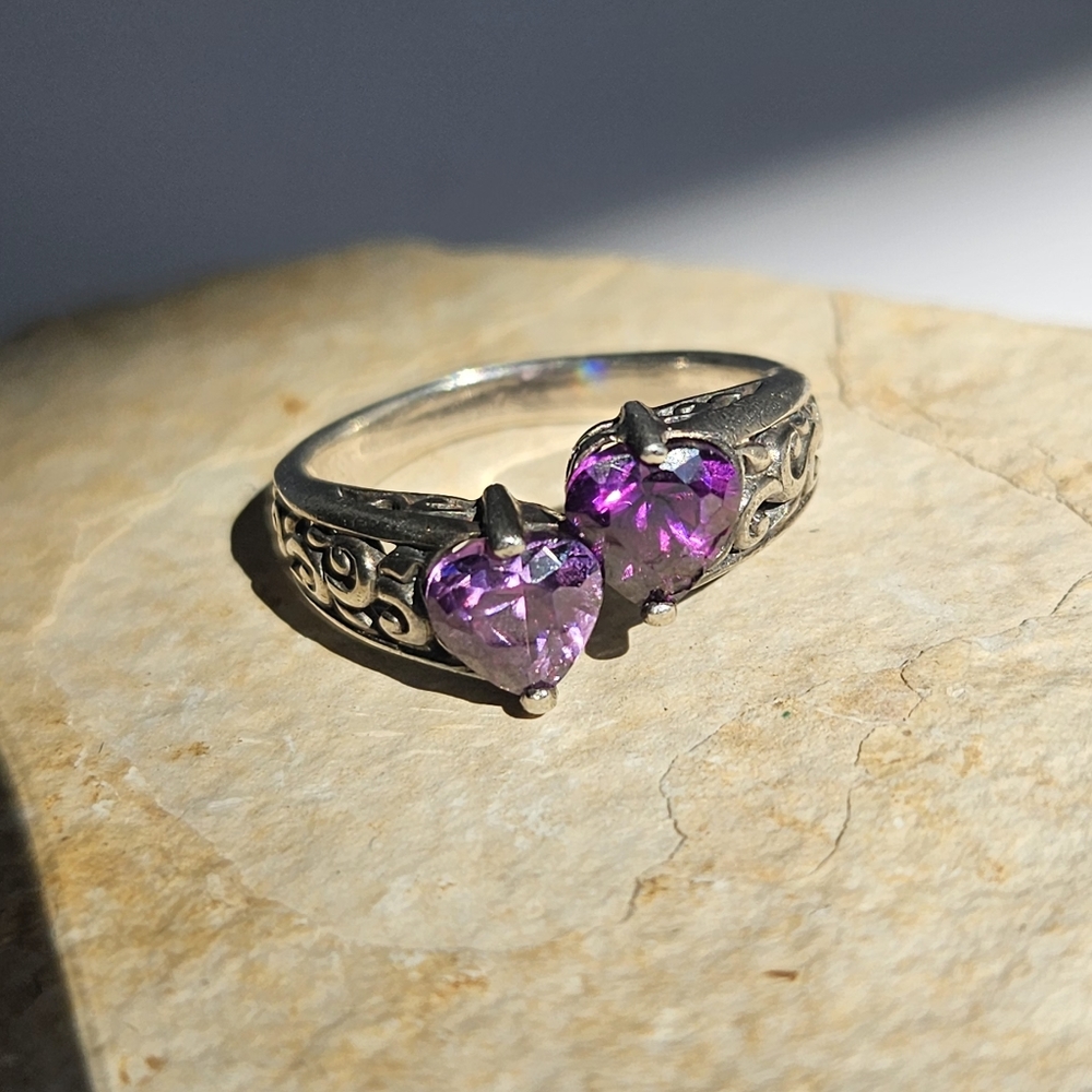 925 Sterling Silver Swirl & Double Amethyst Hearts Ring